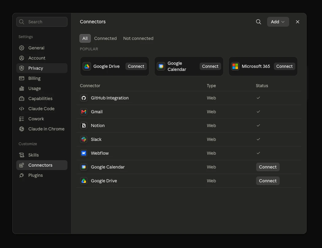 Connectors settings screen