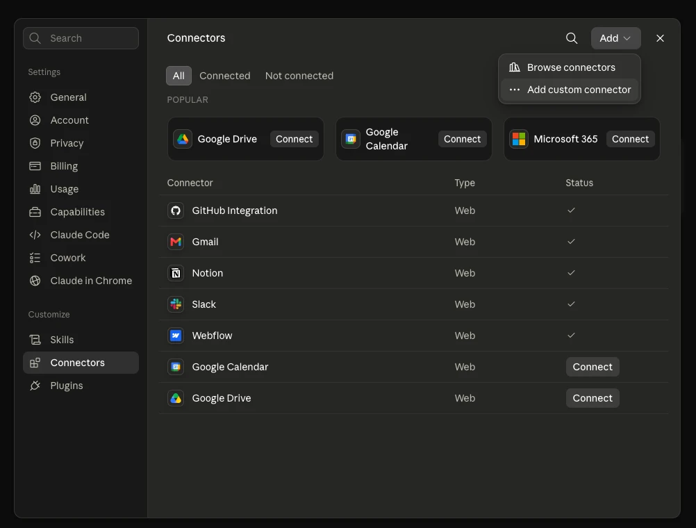 Add menu with Add custom connector highlighted