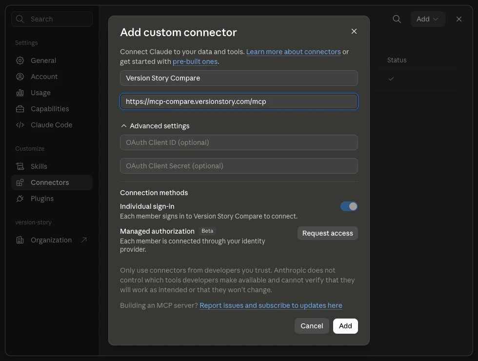 Add custom connector dialog filled in