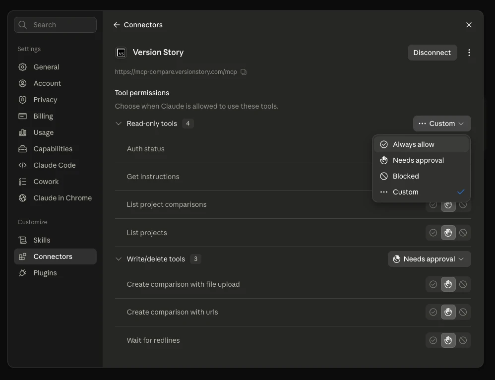 Tool permissions dropdown with Always allow