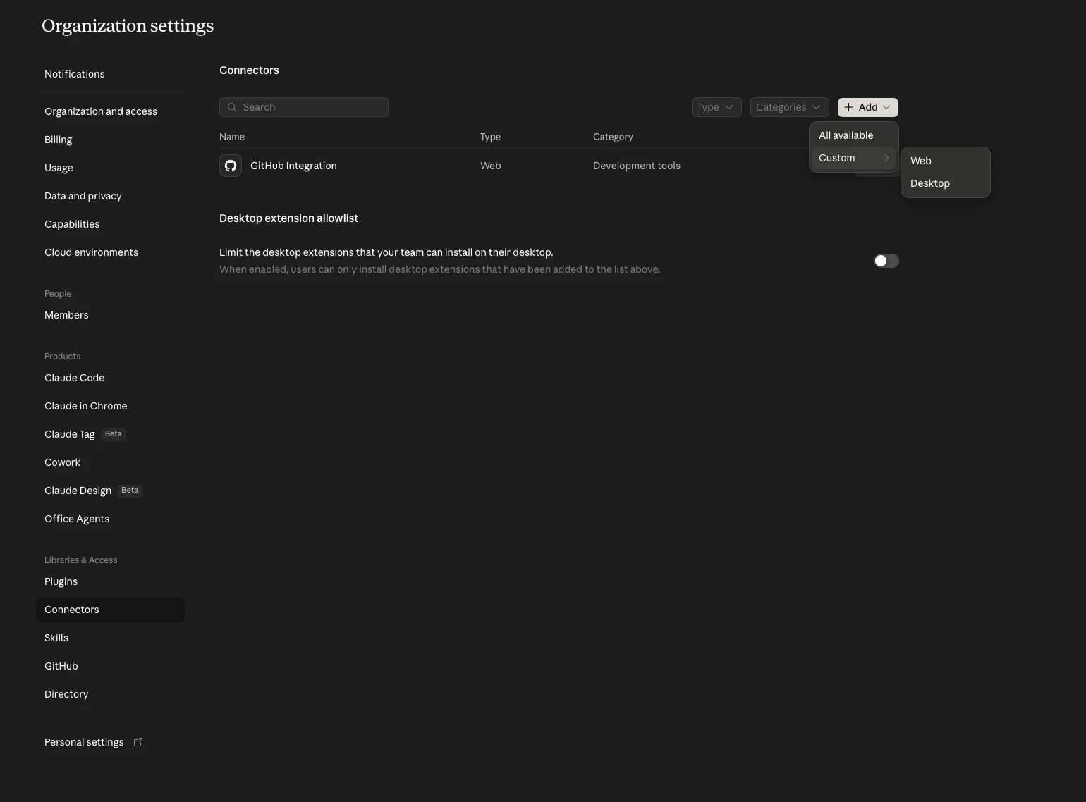 Organization connectors with the Add Custom Web menu