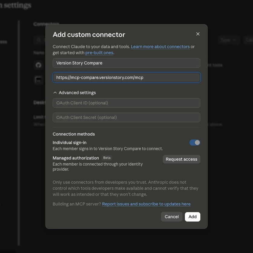Organization Add custom connector dialog filled in