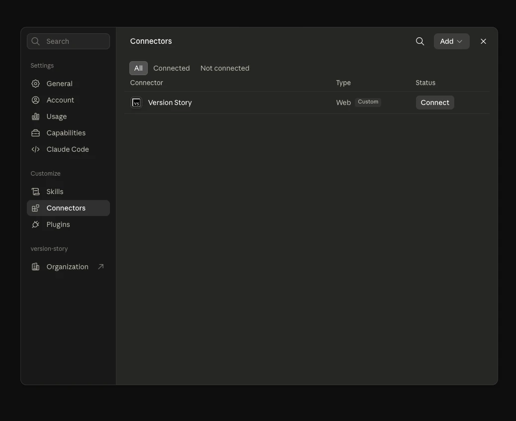 Connectors list with Version Story Compare and the Connect button