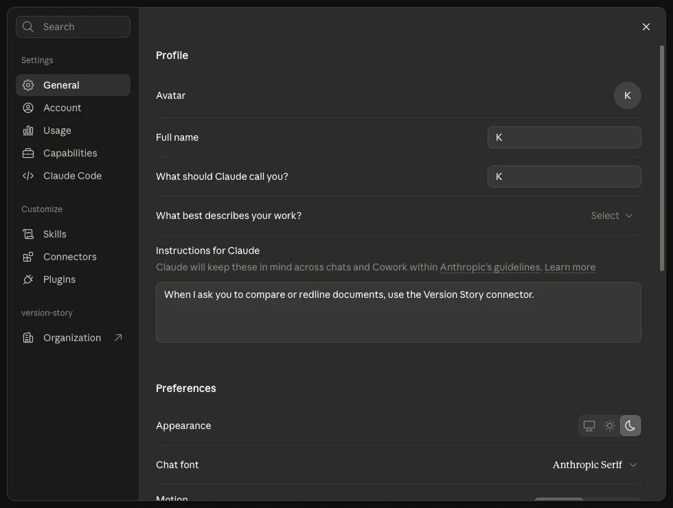 General settings with the comparison line added to Instructions for Claude