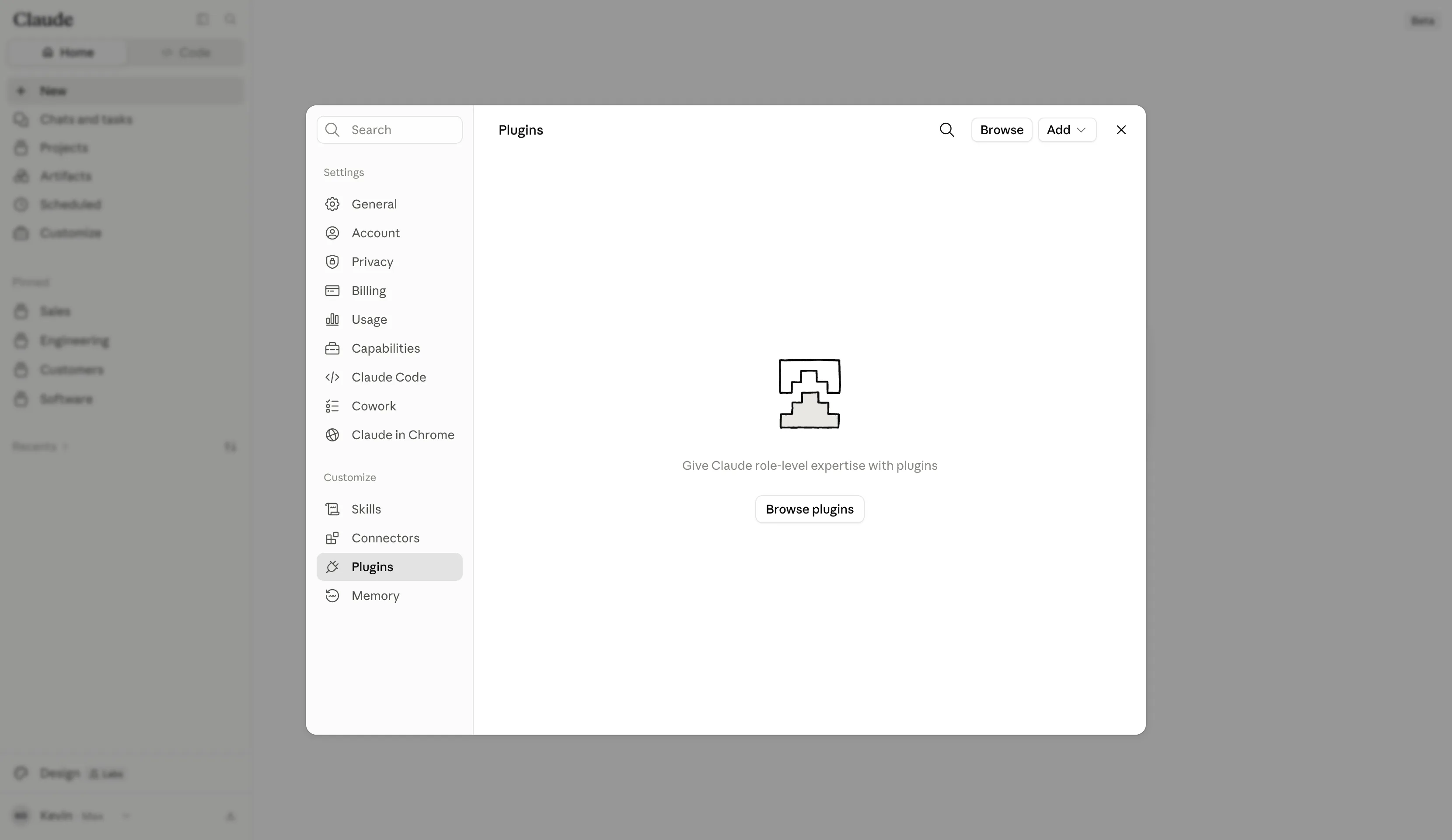 Plugins settings screen with the Add button