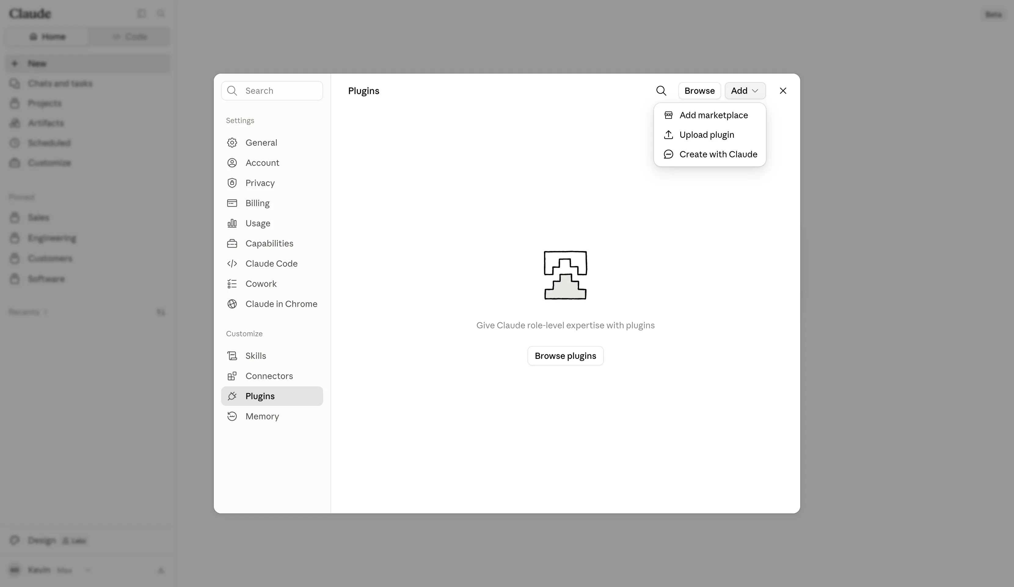 Add menu with Upload plugin highlighted