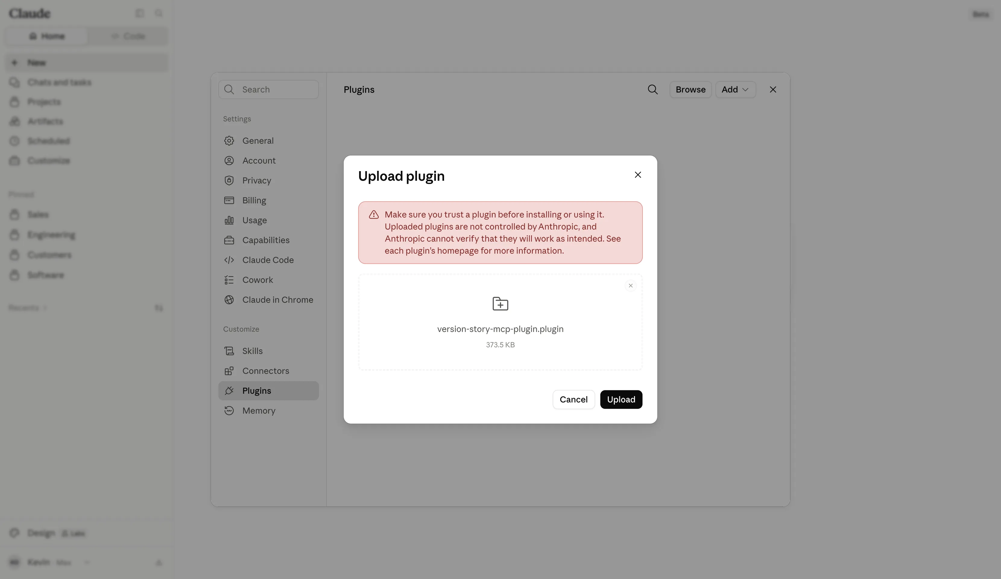 Upload plugin dialog with the file selected