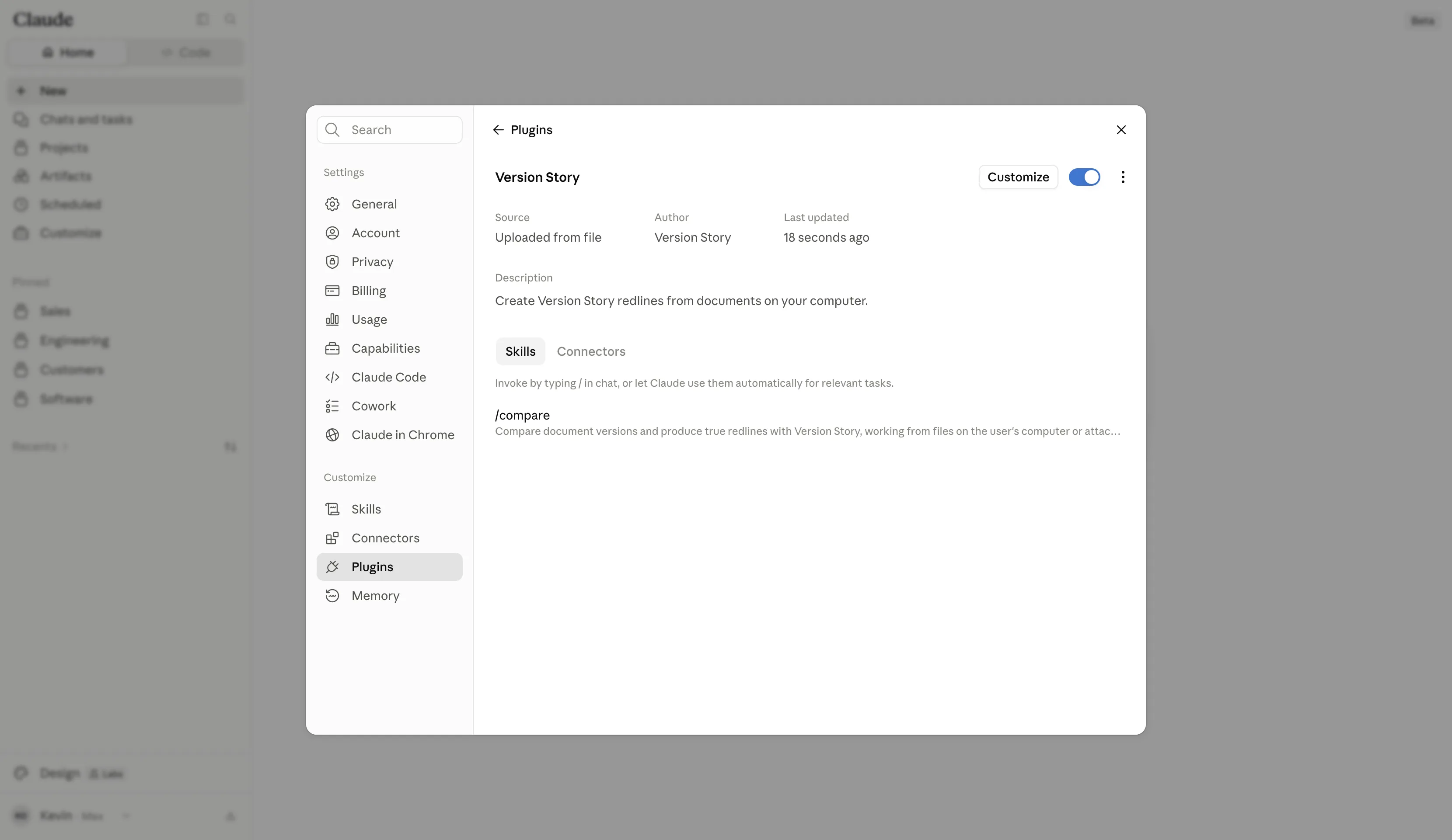 Version Story plugin installed and enabled