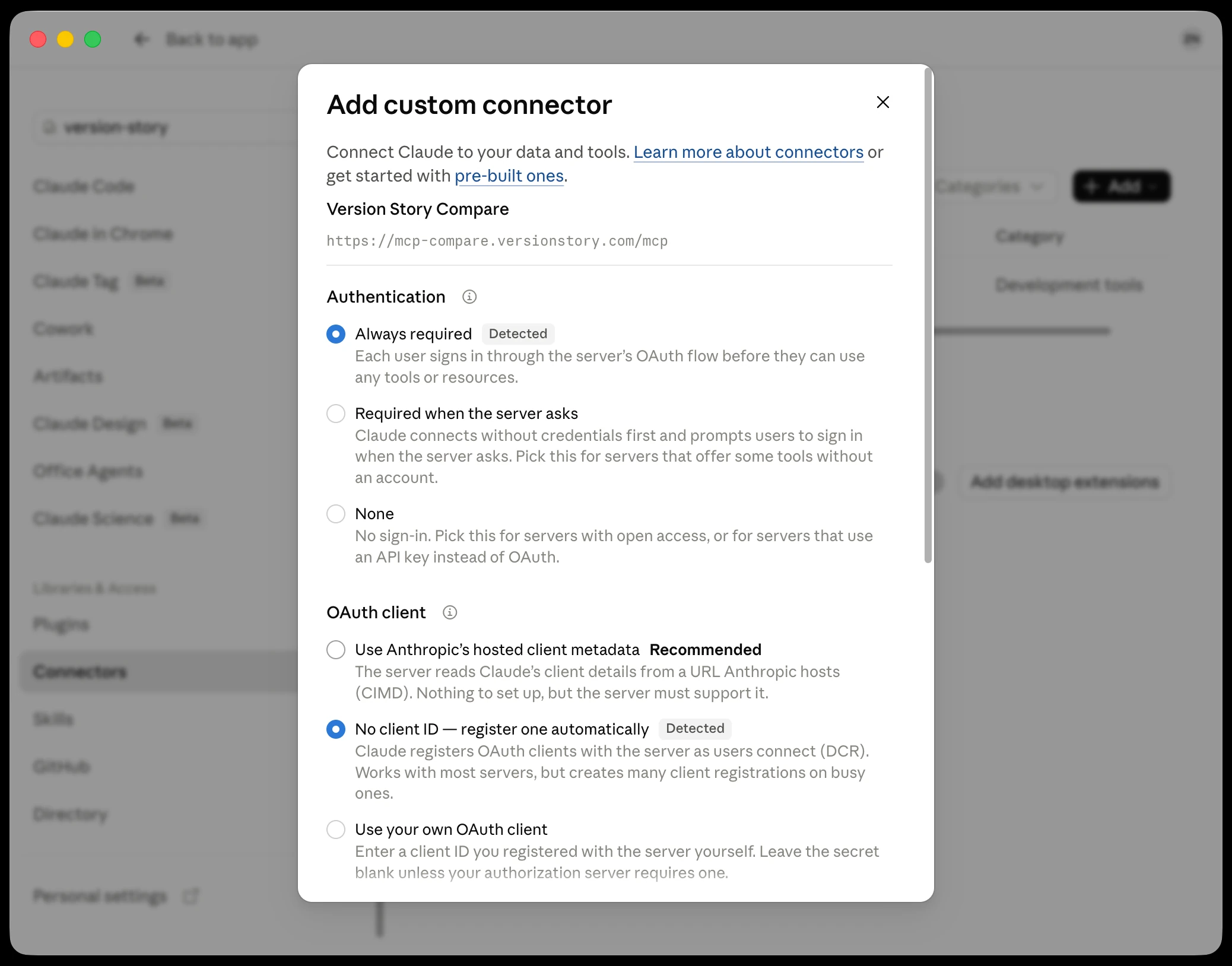 Authentication and OAuth client, both detected automatically