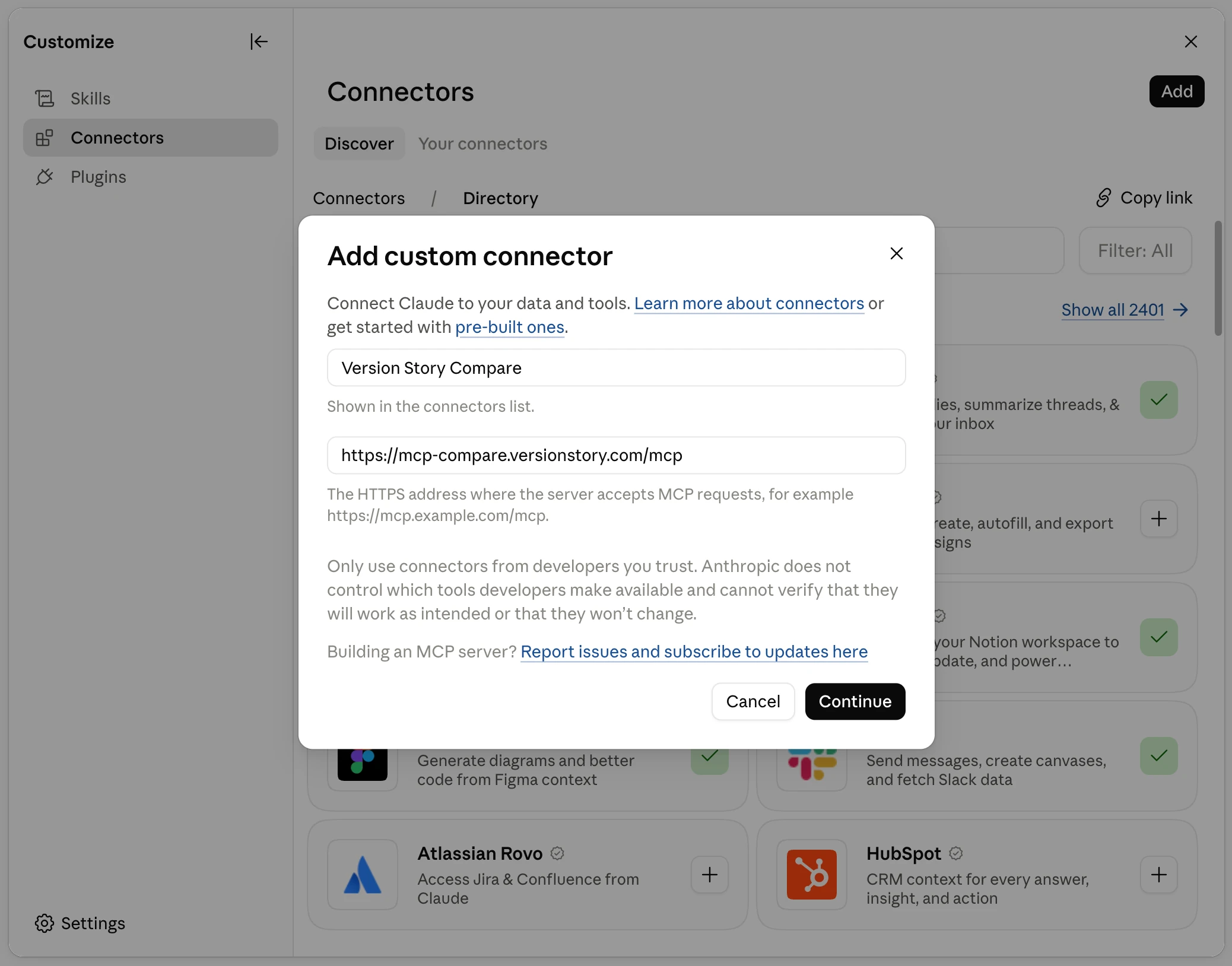 Add custom connector dialog filled in