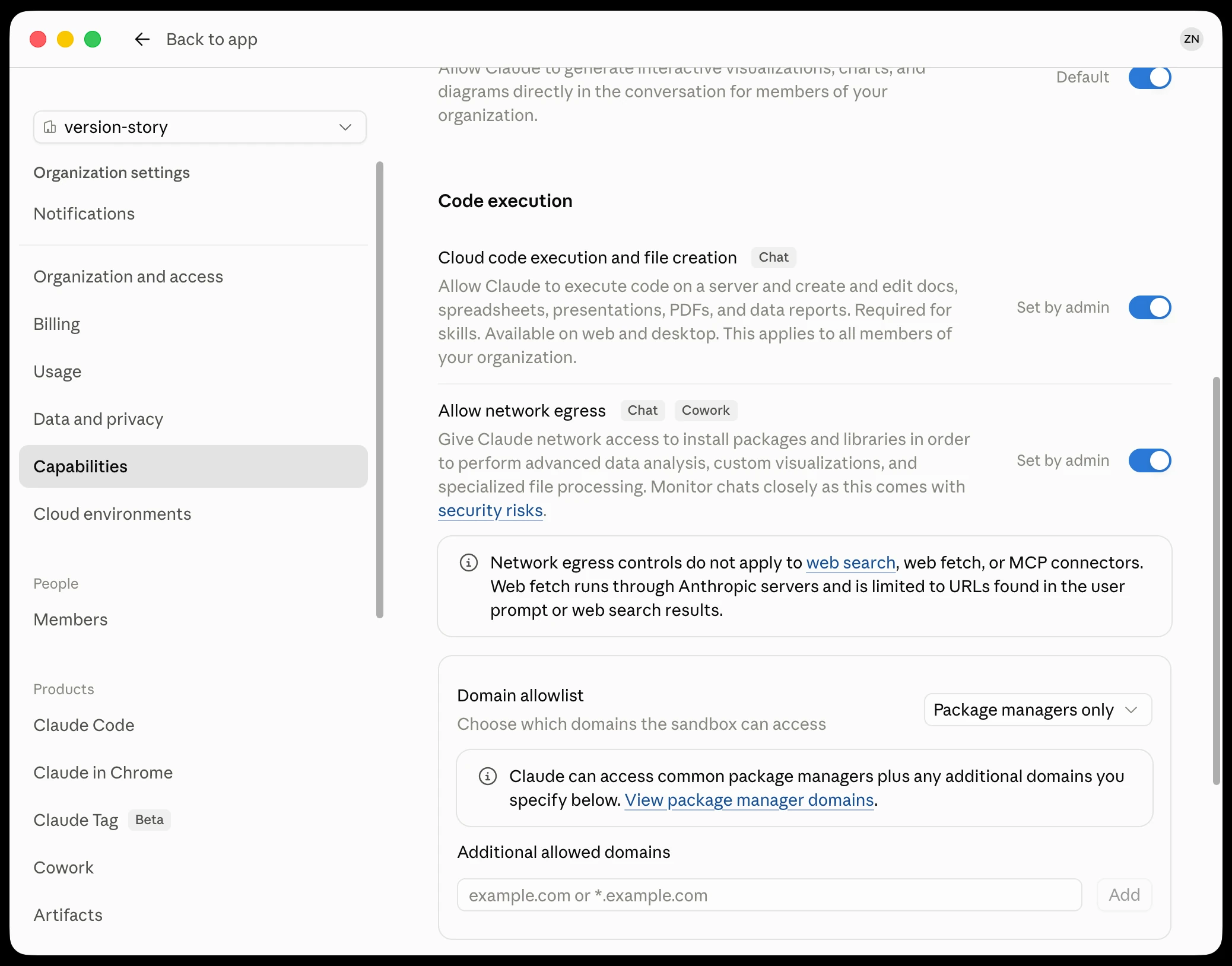 Organization Capabilities with cloud code execution turned on