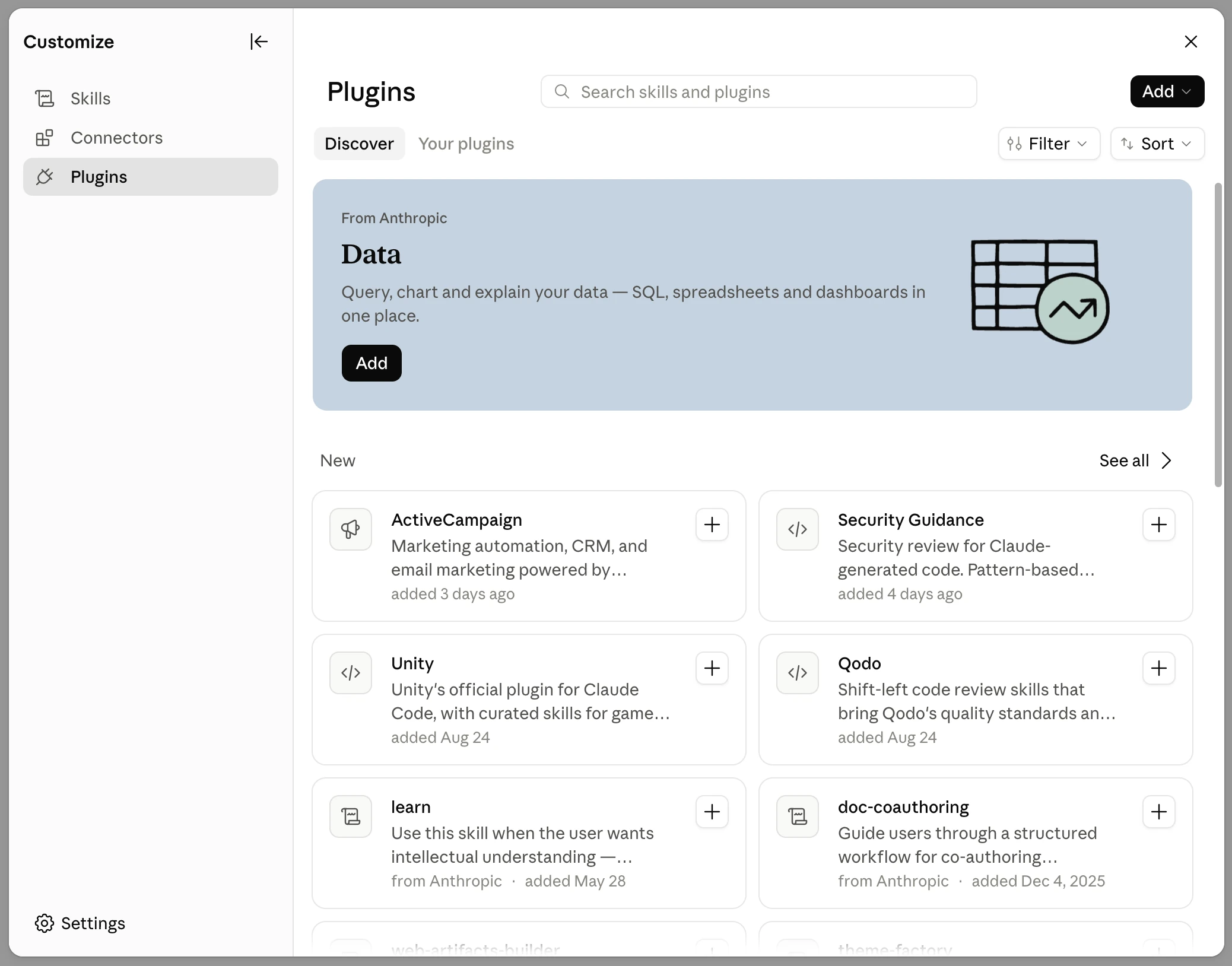 Plugins screen in the Customize panel
