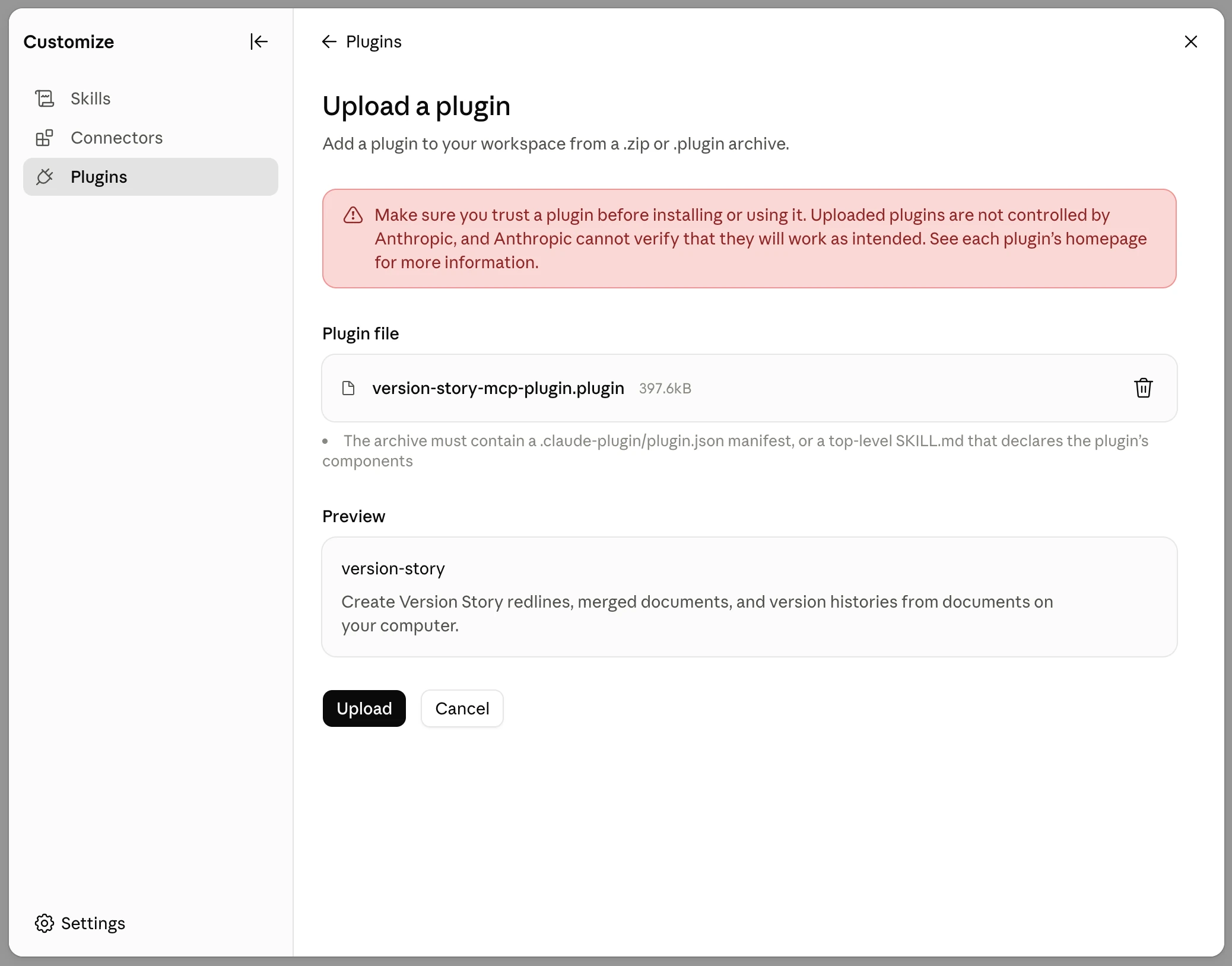 Upload screen with the plugin file selected and its preview shown