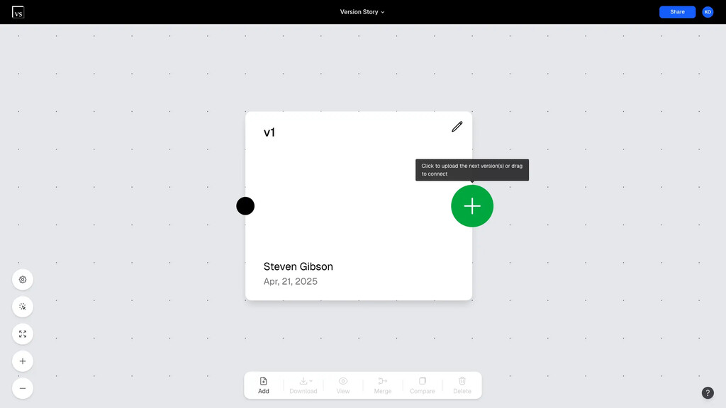 The plus (+) button expanding on a canvas version to add a related document