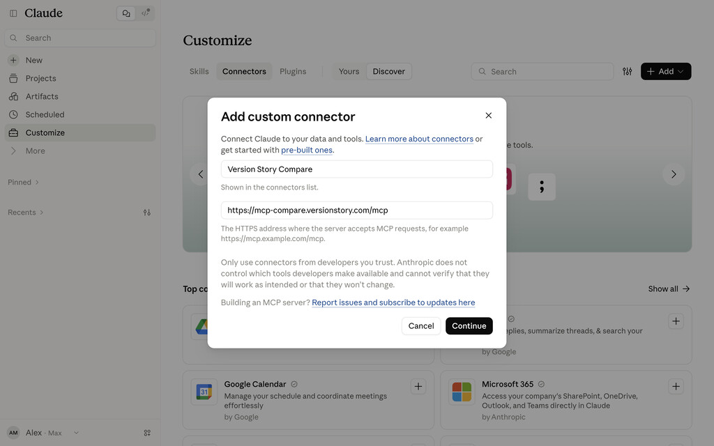 The Add custom connector dialog with the name and URL filled in