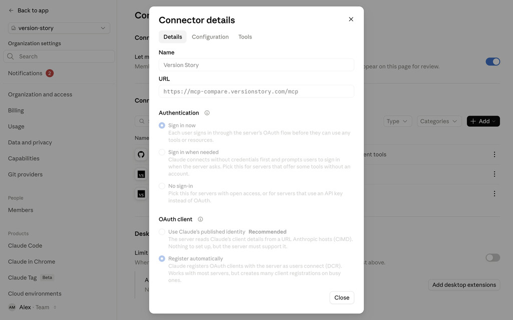 Authentication set to Sign in now, and OAuth client set to Register automatically