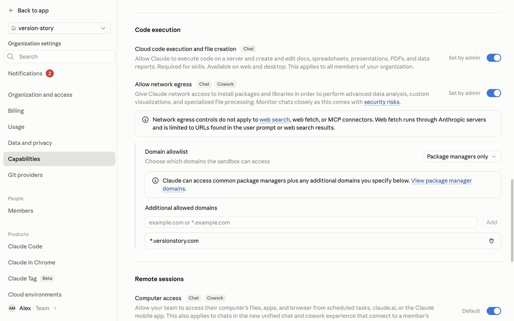 Code execution and network egress on, with the domain in the organization's allowlist