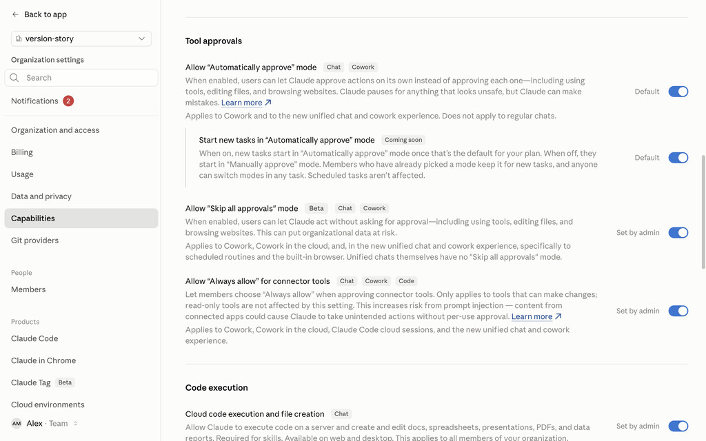 Tool approvals with Skip all approvals mode and Always allow for connector tools turned on