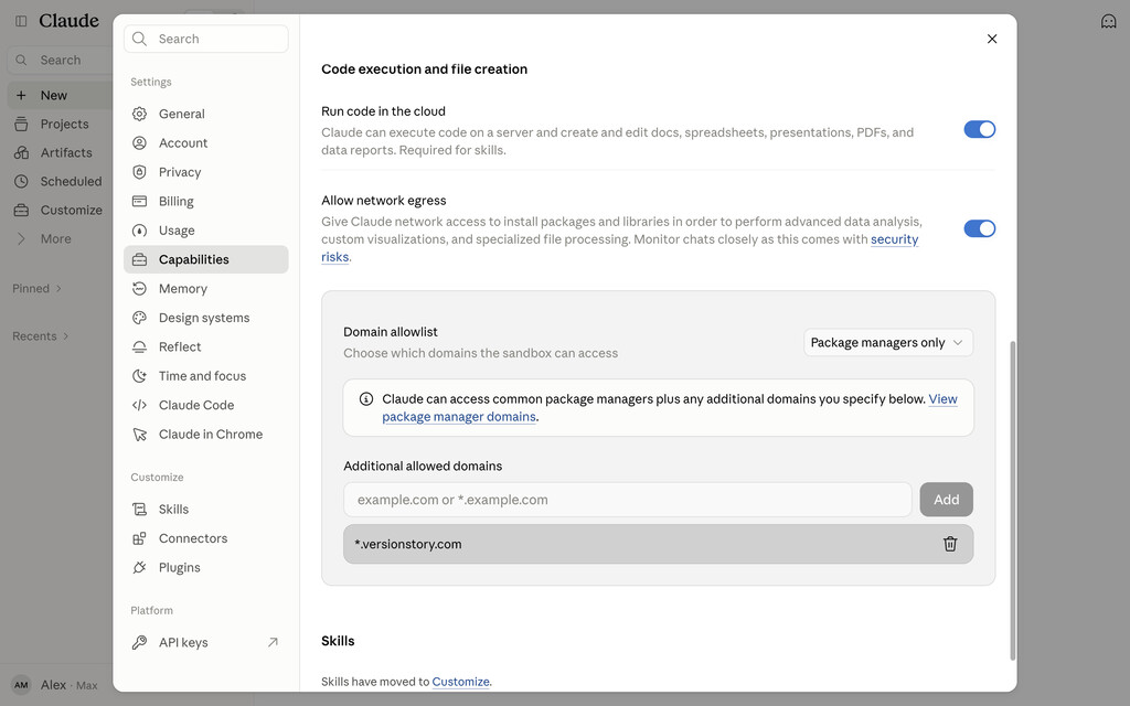 Run code in the cloud and Allow network egress on, with the domain in the allowlist