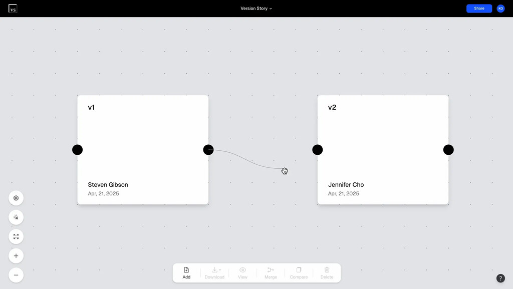 Drawing a line between the black circles on two versions to connect them