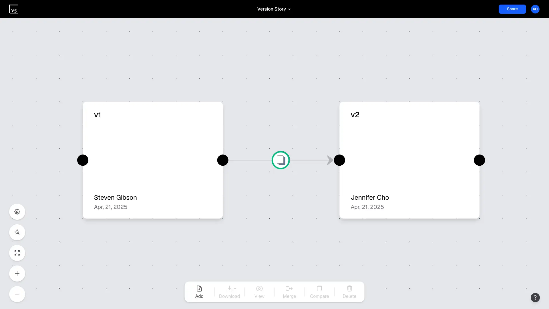 The redline button that appears after connecting two versions