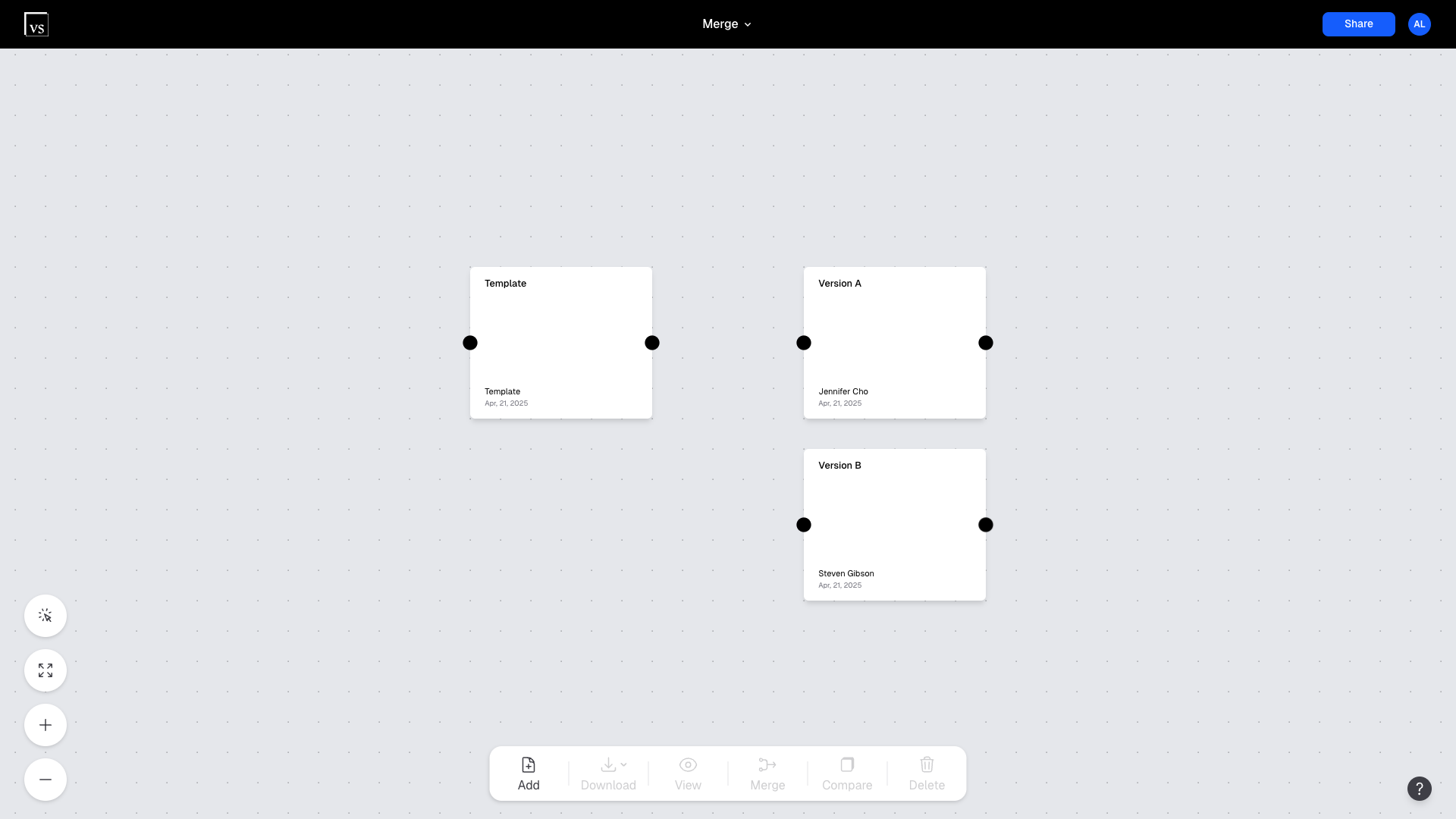 Adding the versions to merge and their shared previous version to the project