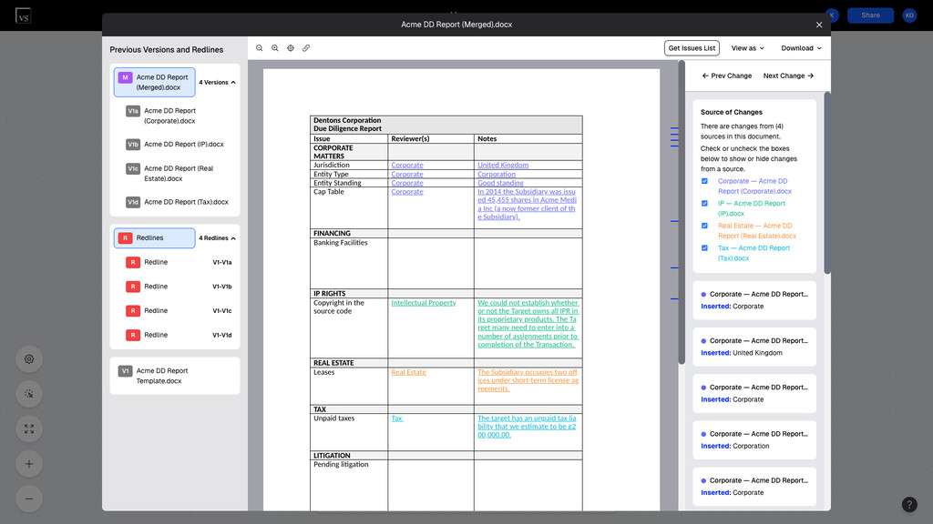 Merged document in the Version Story viewer with each author’s changes in a different color