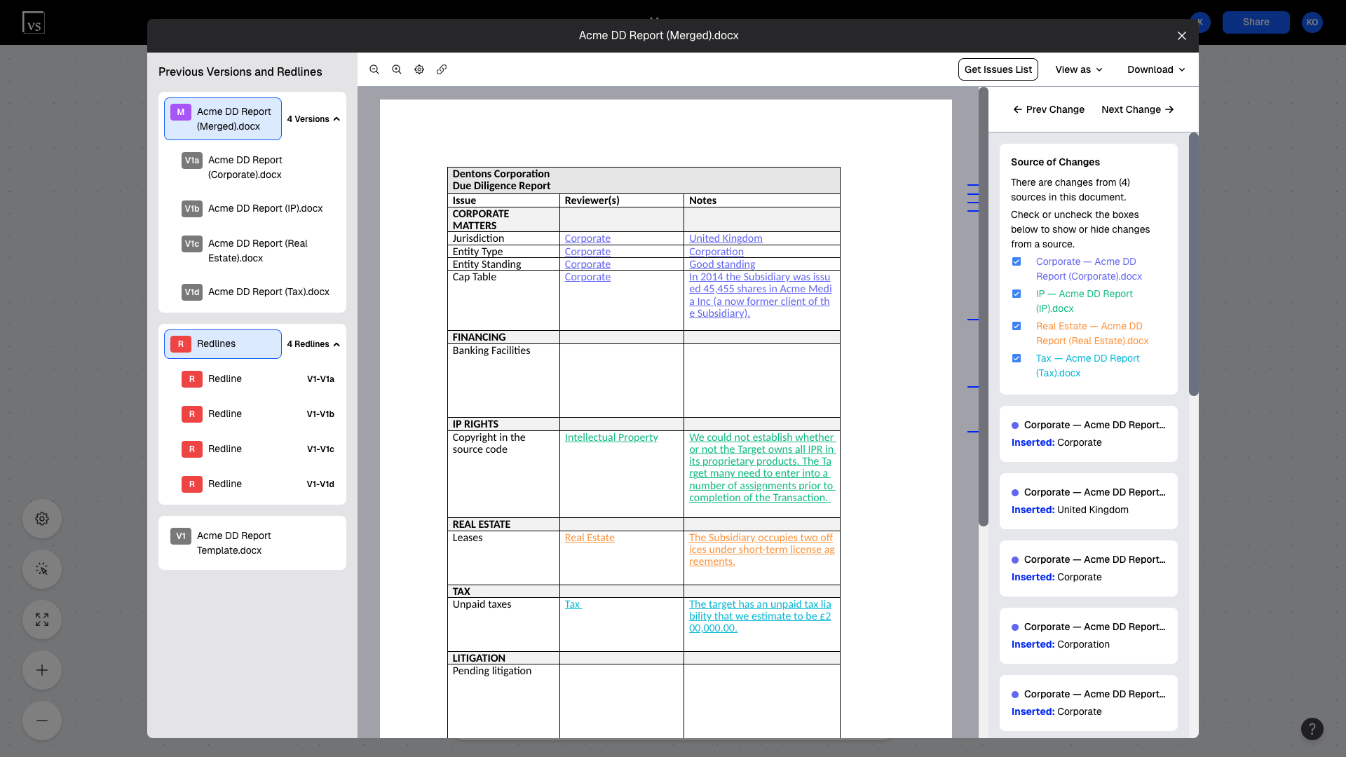 Merged document in the Version Story viewer with each author’s changes in a different color