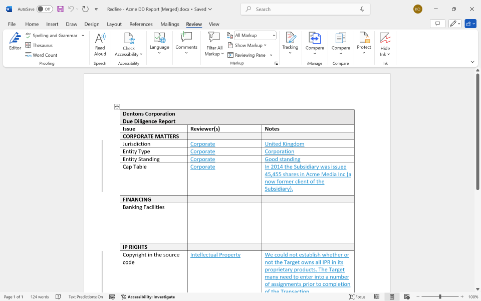 The same merged document opened in Microsoft Word showing all changes in a single color