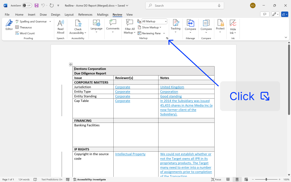 The expand button in the Markup section of Word’s Review tab