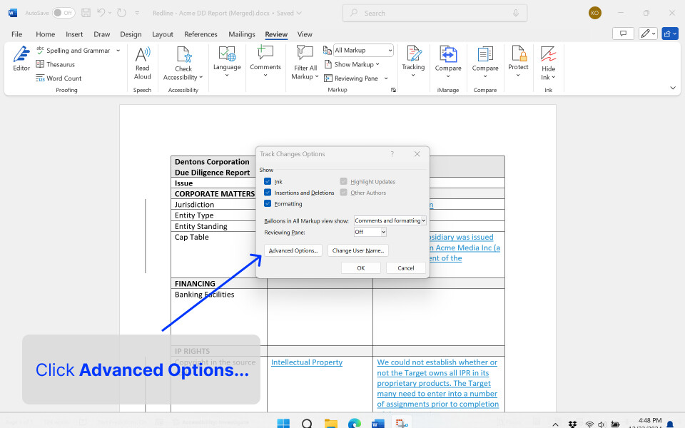 Choosing Advanced Options in Word’s Track Changes settings popup