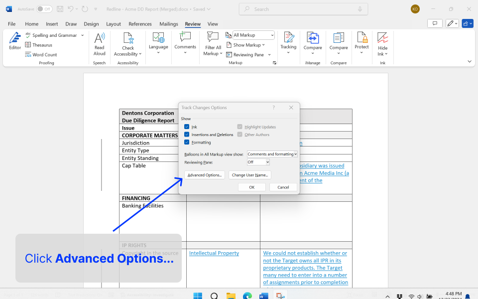 Choosing Advanced Options in Word’s Track Changes settings popup