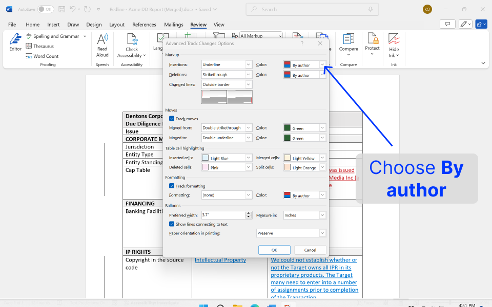 Selecting the By author color option for insertions and deletions