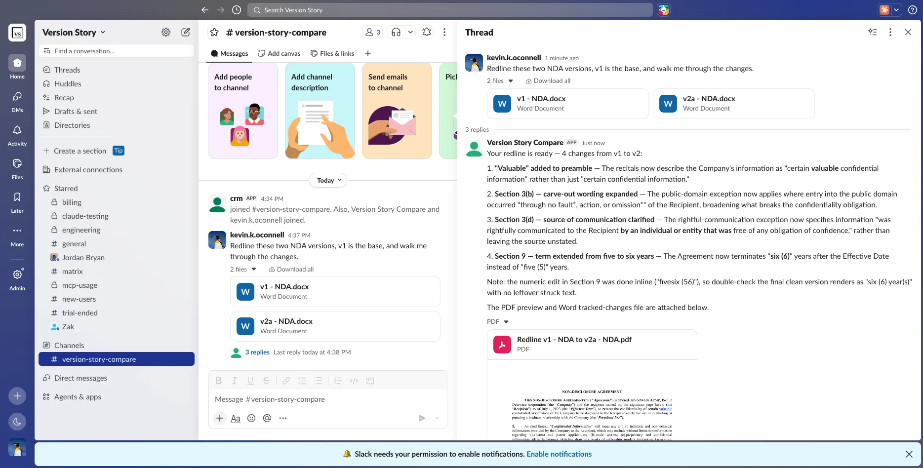 Finished redline in a Slack thread — summary, PDF preview, and Word file